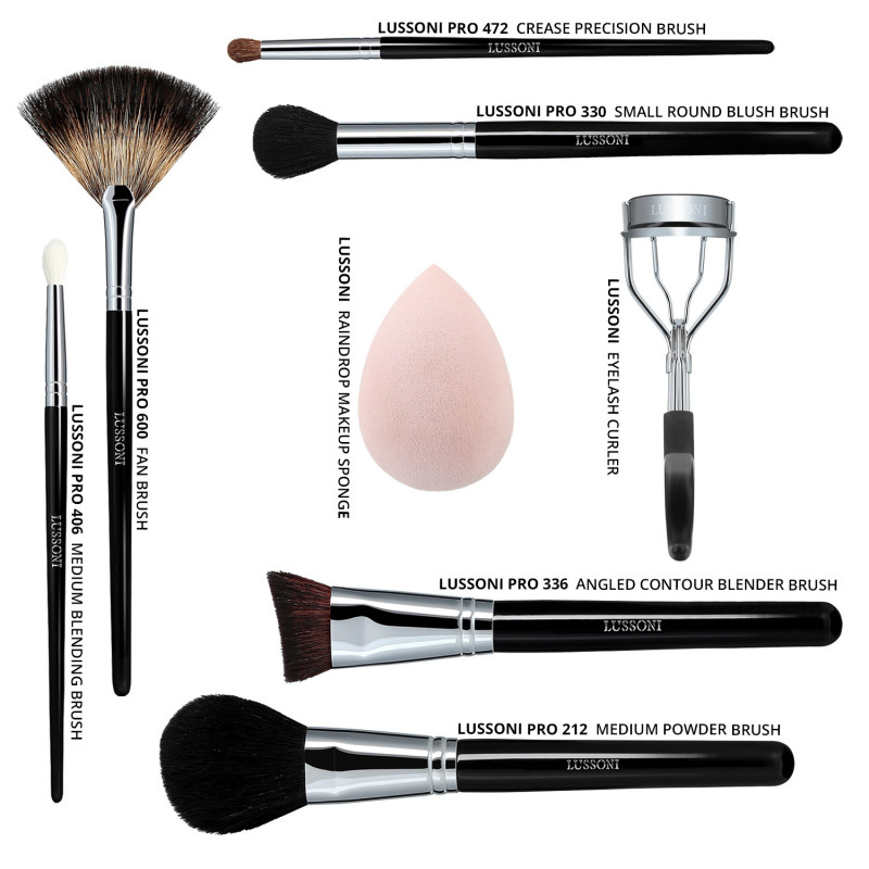 LUSSONI Glow Maker 8-częściowy zestaw profesjonalnych pędzli do makijażu z gąbką i zalotką