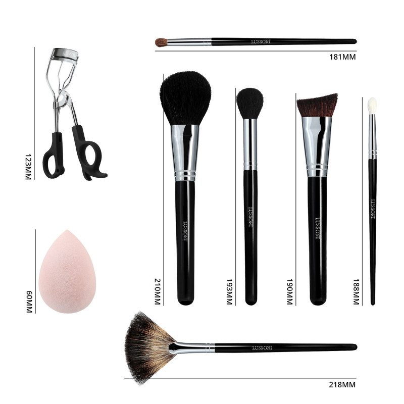 LUSSONI Glow Maker 8-częściowy zestaw profesjonalnych pędzli do makijażu z gąbką i zalotką