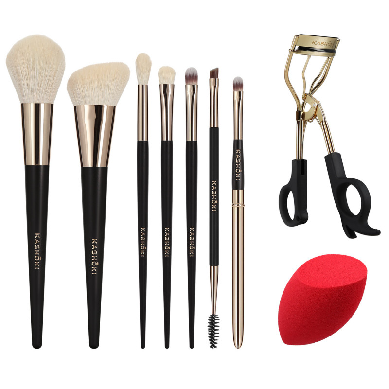 Kashōki Himawari 9 Pcs Makeup Brush Set With Eyelash Curler And Makeup Sponge