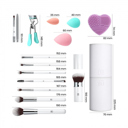 T4B ILŪ Beauty Influence Set 13 Pcs Pinceaux Maquillage avec Eponges 1 Tube 1 Nettoyeur 1 Recourbe Cils