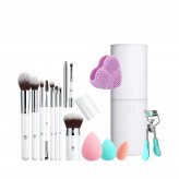 ilū Set de 13 Accesorios de Maquillaje incluye Esponjas, Tubo Portabrochas, Limpiador y Rizador de Pestañas