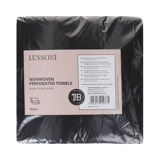 LUSSONI by Tools For Beauty, toalhas não tecidas perfuradas, pretas, 70 cm x 50 cm, 50 unid.