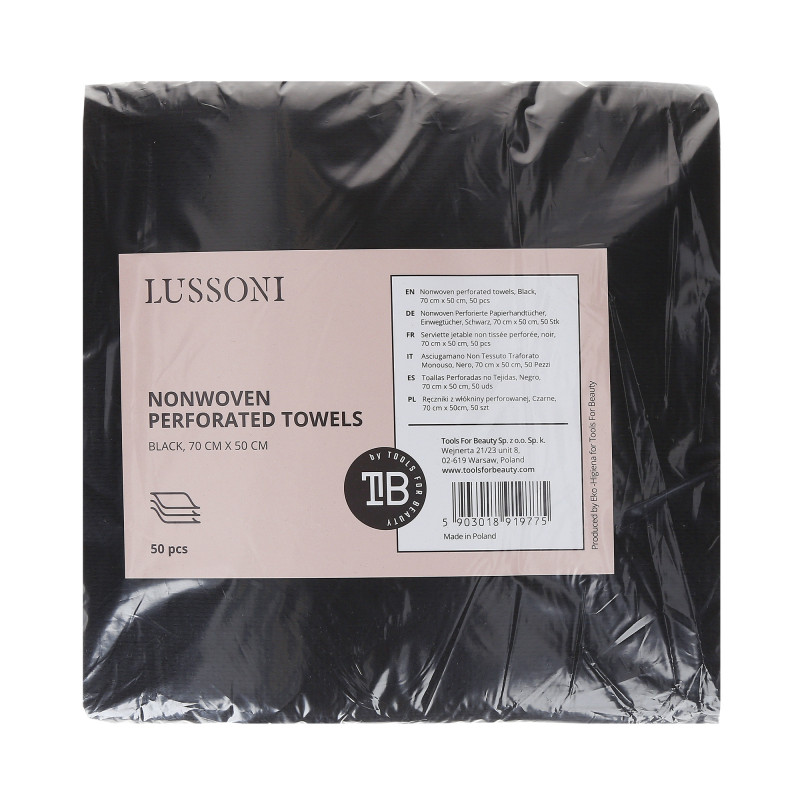 LUSSONI by Tools For Beauty, Perforált nem szőtt törölközők, Fekete, 70 cm x 50 cm, 50 db.