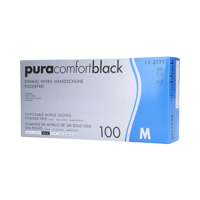 PURA COMFORT Eldobható nitril kesztyű, fekete, M-es méret, 100 db.