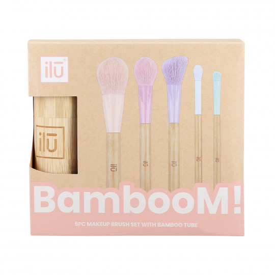 ILŪ BambooM! Set de 5 Pinceaux de Maquillage et 1 Tube Porte-pinceaux en Bambou