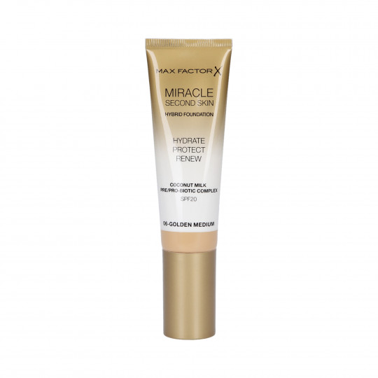 MAX FACTOR MIRACLE Second Skin Base de maquillaje facial hidratante SPF20 006 Golden Medium 30ml