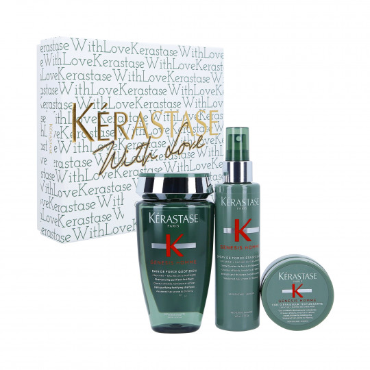 KÉRASTASE GENESIS HOMME Set posilňujúci rednúce vlasy, kúpeľ 250 ml + sprej 150 ml + textúrovací vosk 75 ml