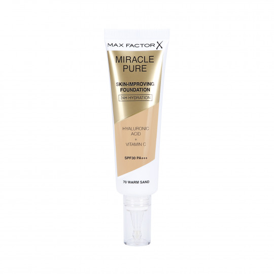 Base MAX FACTOR MIRACLE PURE SKIN melhorando a condição da pele 70 Areia Quente 30ml