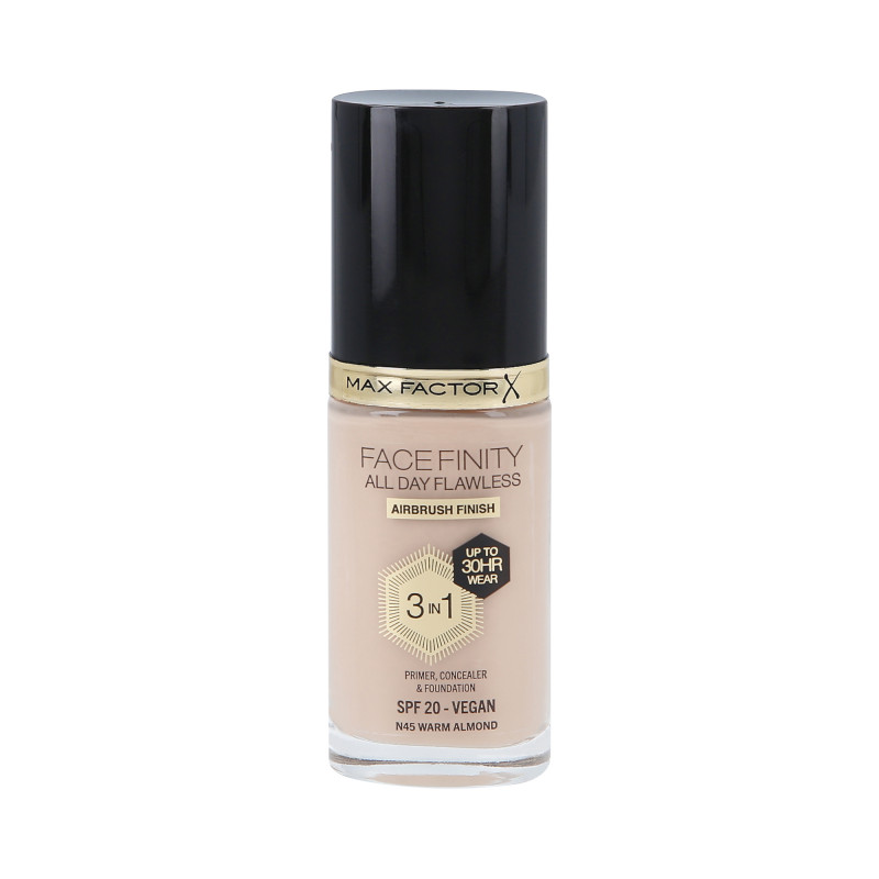 MAX FACTOR FACEFINITY ALL DAY FLAWLESS 3 em 1 30H Base facial SPF20 N45 AMÊNDOA QUENTE 30ml