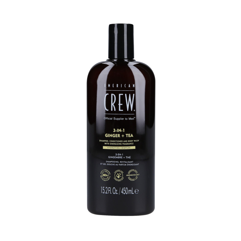 AMERICAN CREW 3-IN-1 GINGER&TEA Shampoo, condicionador e gel de banho em um com aroma de gengibre e chá 450ml