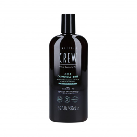 AMERICAN CREW 3-IN-1 CHAMOMILE&PINE Szampon, odżywka i żel pod prysznic w jednym o zapachu rumianku i sosny 450ml AMERICAN CREW 3-IN-1 CHAMOMILE&PINE Szampon, odżywka i żel pod prysznic w jednym o zapachu rumianku i sosny 450ml
