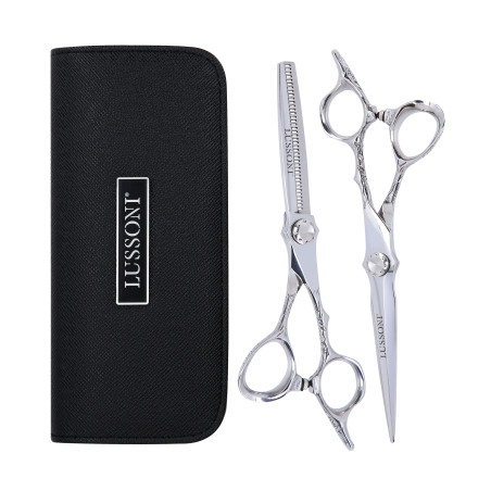 LUSSONI STELLAR SERIE Professionelle Friseurschere (Silber): Effilierschere 6″, Schneideschere 5,5″ + Etui