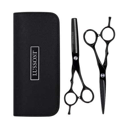 LUSSONI ECLIPSE SERIE Professionelle Friseurschere (schwarz): Effilierschere 6″, Schneideschere 5,5″ + Etui