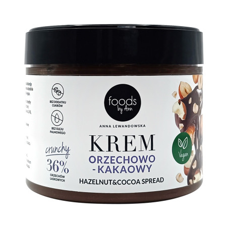 LEVANN FOODS BY ANN CREMA SPALMABILE NOCCIOLE E CACAO 36% CROCCANTE Crema spalmabile di noci e cacao con pezzi di nocciole 250g