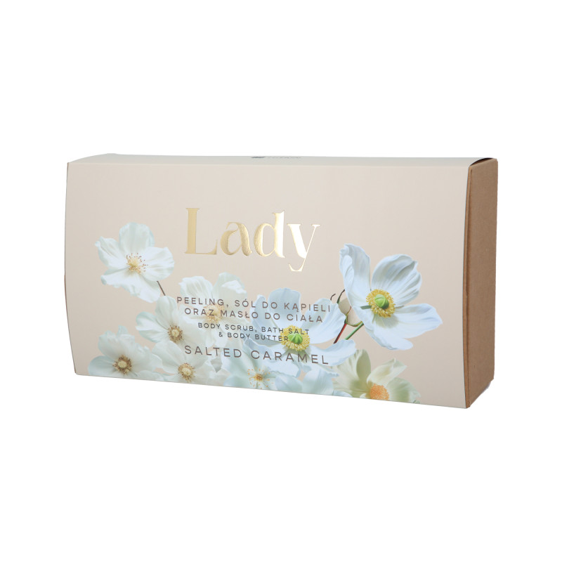 HISKIN LADY Set donna Sali da bagno + Scrub corpo + Burro corpo salato Caramello 3x200ml