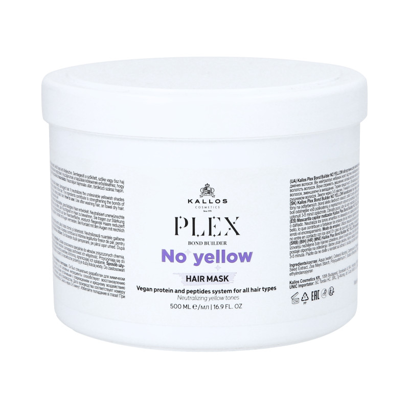 KALLOS PLEX NO YELLOW Maska do włosów blond z kompleksem protein roślinnych i peptydów 500ml - 1