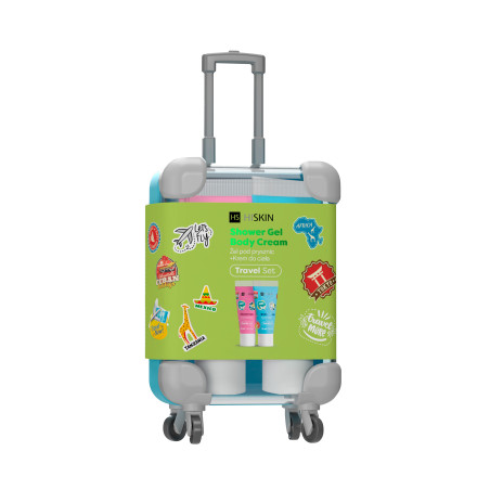 HISKIN TRAVEL SET Wakacyjna walizka w zestawie mini żel pod prysznic 30ml + lotion do ciała 30ml