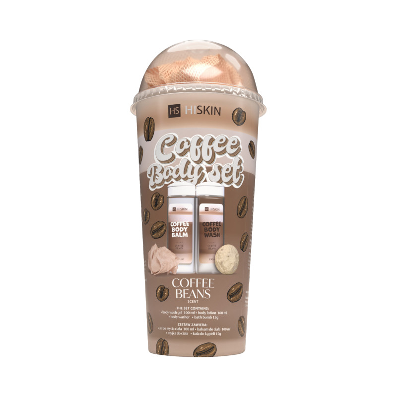 HISKIN BODY COFFEE SET Zestaw kąpielowy w tubie żel do mycia ciała 100ml+balsam do ciała 100ml+myjka+kula 15g