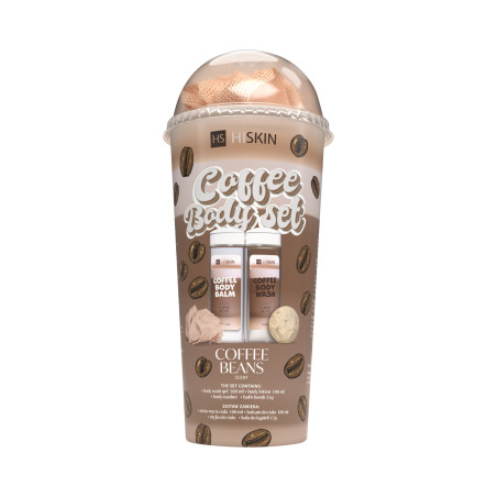 HISKIN BODY COFFEE SET Zestaw kąpielowy w tubie żel do mycia ciała 100ml+balsam do ciała 100ml+myjka+kula 15g